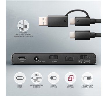 Axagon ADSA-CC USB-C 10Gbps - NVMe M.2 SSD & SATA 2.5/3.5 SSD/HDD CLONE MASTER 2 - Digital/Daten - NVMe USB 3.2 Gen 2 (3.1 Gen 2