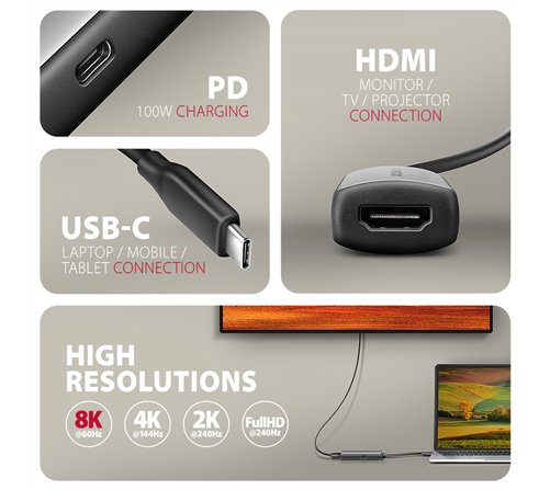 Adaptateur USB-C Axagon vers HDMI 2.1 M/F 15cm (Gris)