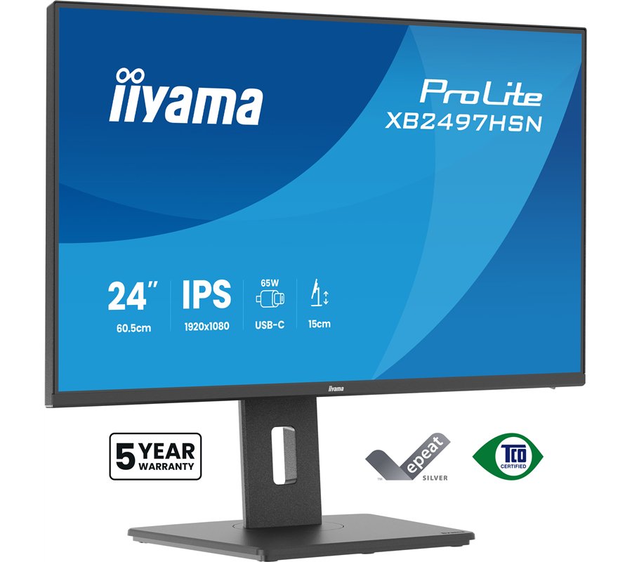 Ecran IIYAMA 24'' Ultra mince Noir IPS 1920x1080 100Hz 1ms 350cd/m² HDMI DP USB-C dock USB-C 4xUSB Haut-parleurs 15cm pied régla