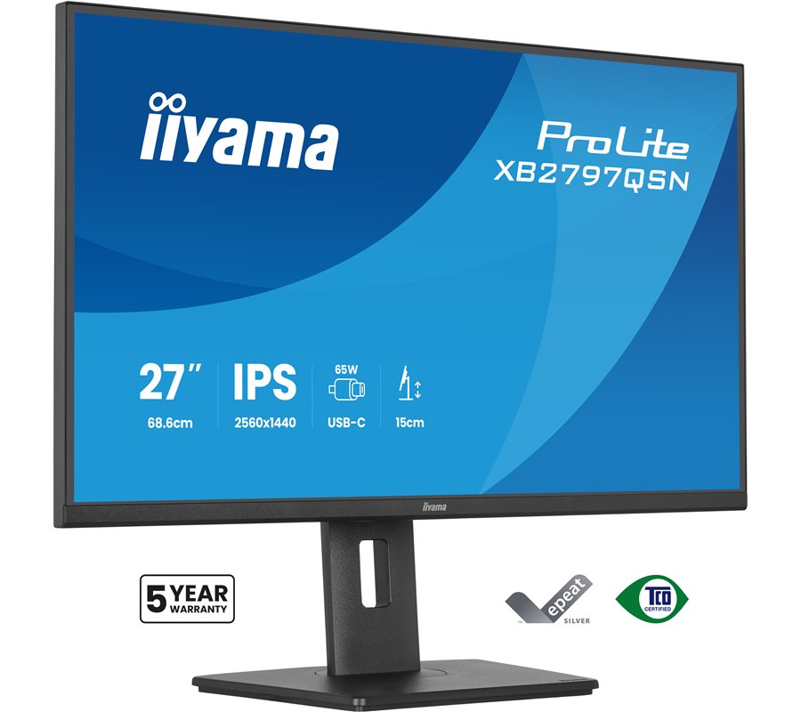 Ecran IIYAMA 27" Noir Ultra mince IPS 16:9 2560x1440 350cd/m² 75Hz 1ms HDMI DP USB-C Dock USB-C 4xUSB HPs 15cm pied réglab haut 