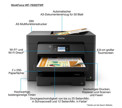 EPSON WorkForce WF-7830DTWF MFP 4en1 Jet d'encre couleur A3 25ppm/12ppm,R-V impression-scanne, chargeur 50p,Fax, Wifi,Wifi-direc