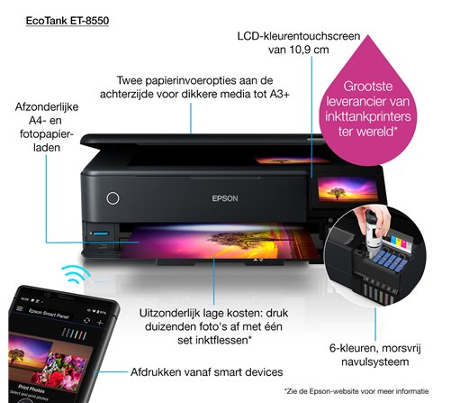 EPSON EcoTank ET-8550 MFP 3en1 Jet d'encre 6 Couleurs A3+ rechargeable 16ppm/12ppm, R-V, USB, Ethernet, Wifi, Wifi direct