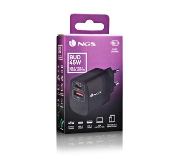 Chargeur secteur NGS Bud 1x USB-C + 1x USB-A 45W (Noir)