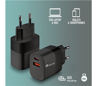Chargeur secteur NGS Bud 1x USB-C + 1x USB-A 33W (Noir)