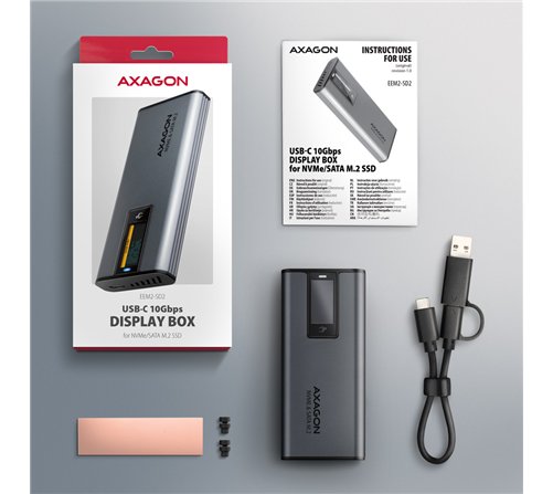 Boitier externe USB-C 3.2 Axagon EEM2-SD2 - S-ATA/NVMe M.2 Type 2280 (Noir)